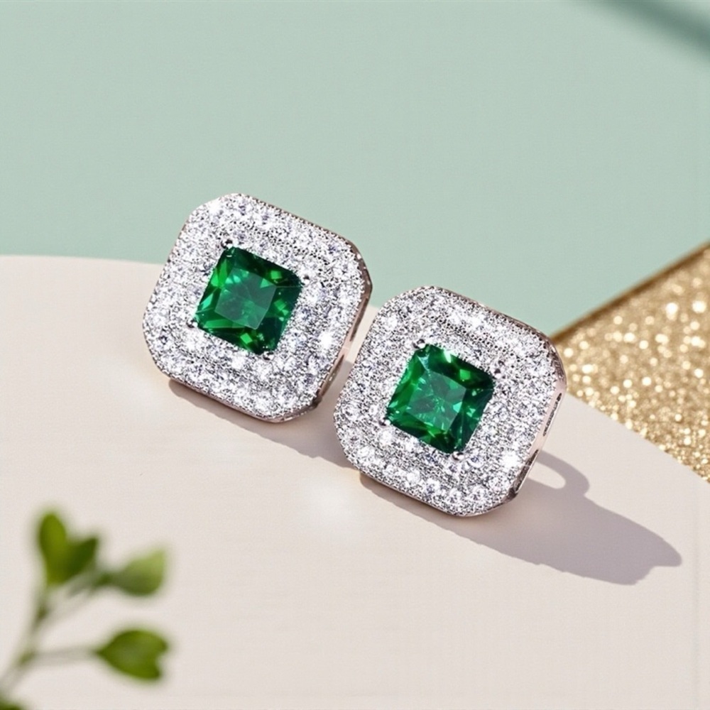 Elegant Green and Silver Square Earrings - NWOT